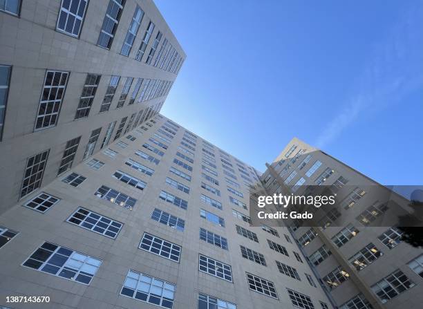 Main building, low-angle view, at Mount Parnassus campus of University of California San Francisco medical center hospital in San Francisco,...