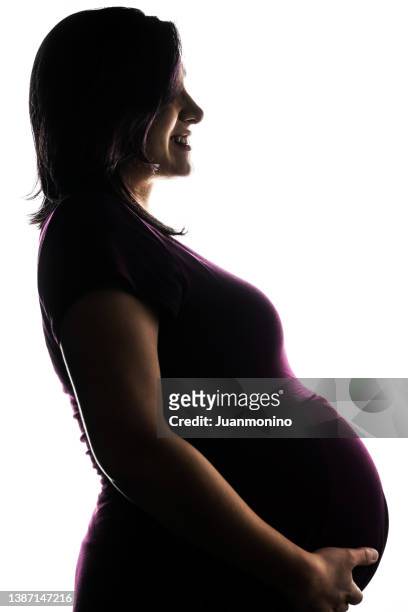 lächelnde hispanische mittelgroße schwangere frau posiert und wegschaut - hispanic man profile hopeful stock-fotos und bilder