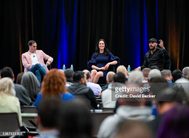 Art Sutley, Mia Mastroianni and Phil Wills speak to attendees during the 2022 Bar & Restaurant Expo and World Tea Conference + Expo at the Las Vegas...