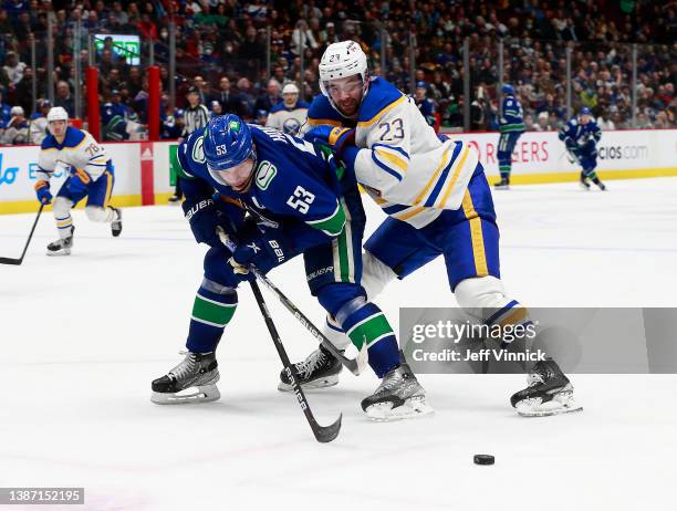 Mattias Samuelsson of the Buffalo Sabres checks Bo Horvat of the Vancouver Canucks during their NHL game at Rogers Arena March 20, 2022 in Vancouver,...