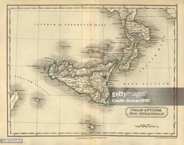 antique map of southern italy in ancient times, italiae antiquae pars meridionalis - malta sicily stock illustrations