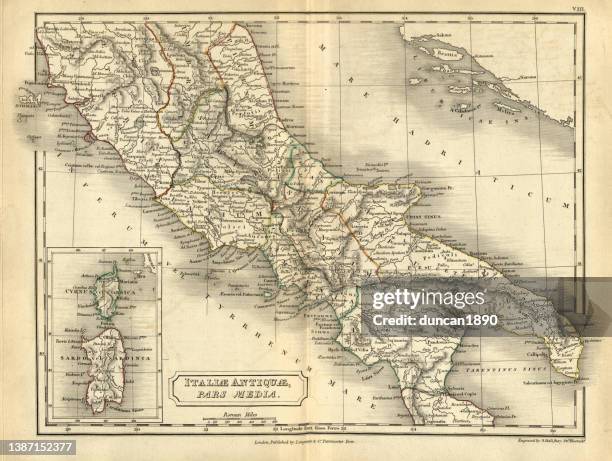 antique map of central italy in ancient times, roman, italiae antiquae pars media - map of rome italy stock illustrations