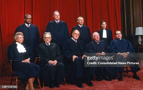 Group portrait of the Justices of the United States Supreme Court, Washington DC, December 3, 1993. Pictured are, bottom row, from left Associate...