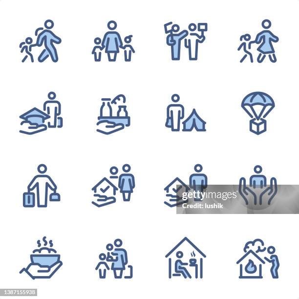 refugee - pixel perfect blaue liniensymbole - ukraine protest stock-grafiken, -clipart, -cartoons und -symbole