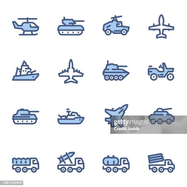 military vehicle - pixel perfect blue line icons - artillery icon stock illustrations