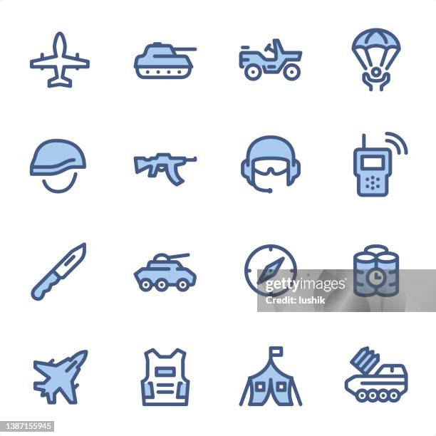military - pixel perfect blue line icons - military vehicle stock illustrations