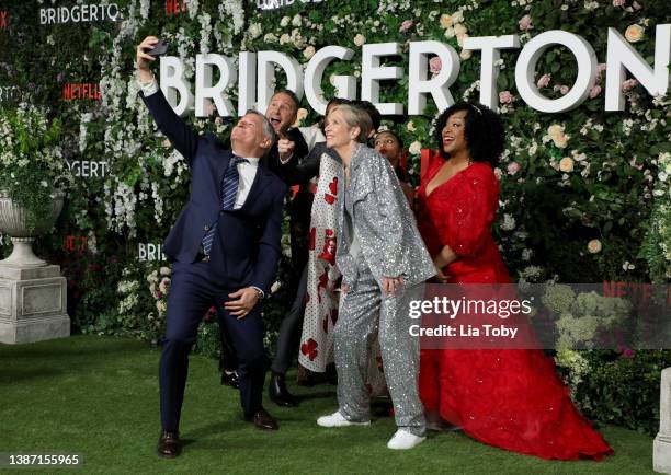 Ted Sarandos, Chris Van Dusen, Simone Ashley, Betsy Beers, Jonathan Bailey, Charithra Chandran and Shonda Rhimes attend the "Bridgerton" Series 2...