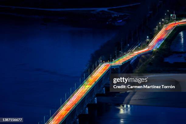 viana do castelo, portugal - march, 2022: aerial view on the center of viana do castelo, a famous city in the northern part of portugal - city lights reflected on buildings speed stock pictures, royalty-free photos & images