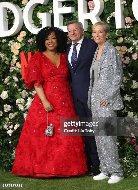 Shonda Rhimes, Ted Sarandos and Betsy Beers attend the "Bridgerton" Series 2 World Premiere at Tate Modern on March 22, 2022 in London, England.