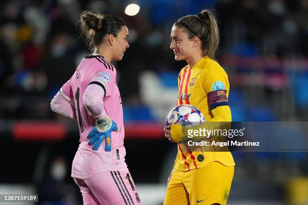 Alexia Putellas of FC Barcelona and Misa Rodriguez of Real Madrid interact during the UEFA Women's Champions League Quarter Final First Leg match...