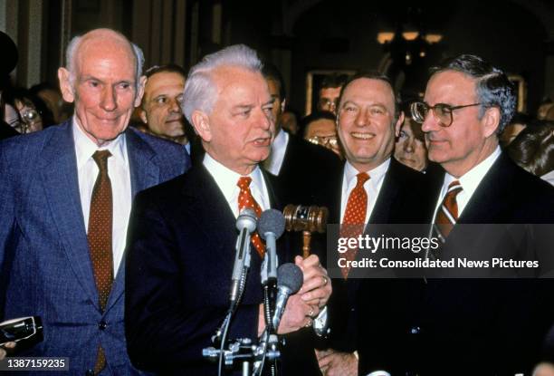 Senate Majority Leader Robert Byrd speaks to the press in the US Capitol, Washington DC, November 29, 1988. The US Senate Democratic Caucus has just...