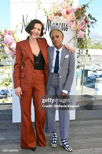 Maggie Gyllenhaal and Janicza Bravo attend Neiman Marcus Beverly Hills Women's Panel at Spring Place on March 22, 2022 in Beverly Hills, California.