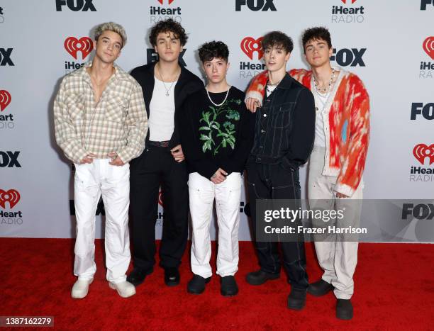 Daniel Seavey, Jonah Marais, Jack Avery, Zach Herron, and Corbyn Besson of Why Don't We attend the 2022 iHeartRadio Music Awards at The Shrine...