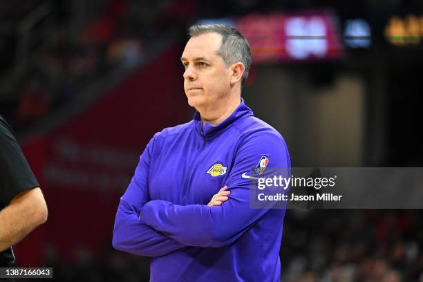 Head coach Frank Vogel of the Los Angeles Lakers watches during the second quarter against the Cleveland Cavaliers at Rocket Mortgage Fieldhouse on...