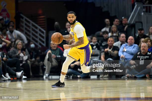 Augustin of the Los Angeles Lakers brings the ball up court during the first quarter against the Cleveland Cavaliers at Rocket Mortgage Fieldhouse on...