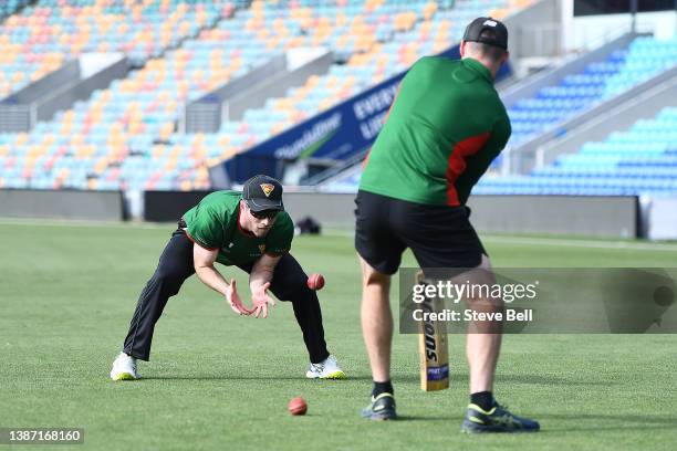 Mac Wright of the Tigers warms up during day one of the Sheffield Shield match between Tasmanian Tigers and Queensland Bulls at Blundstone Arena, on...
