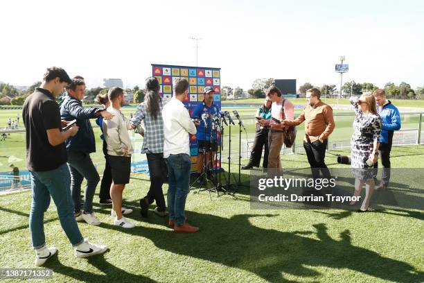 Luke Beveridge, Senior Coach of the Bulldogs speaks to the media during a Western Bulldogs AFL training session at Whitten Oval on March 23, 2022 in...