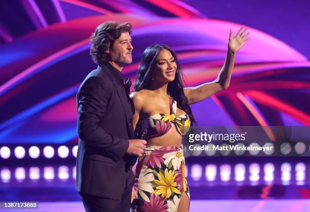 Robin Thicke and Nicole Scherzinger speak onstage at the 2022 iHeartRadio Music Awards at The Shrine Auditorium in Los Angeles, California on March...