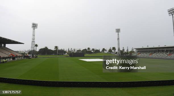 General view of covers on at McLean Park as rain falls ahead of the International T20 series between New Zealand and the Netherlands at McLean Park...