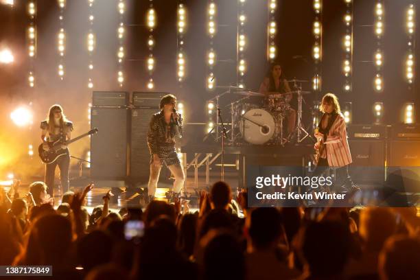 Victoria De Angelis, Damiano David, Ethan Torchio, and Thomas Raggi of Måneskin perform onstage at the 2022 iHeartRadio Music Awards at The Shrine...