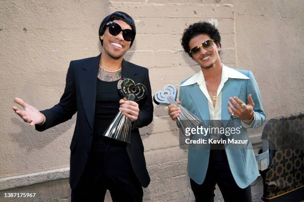 Anderson .Paak and Bruno Mars of Silk Sonic, winners of the Best Duo/Group of the Year award, attend the 2022 iHeartRadio Music Awards at The Shrine...