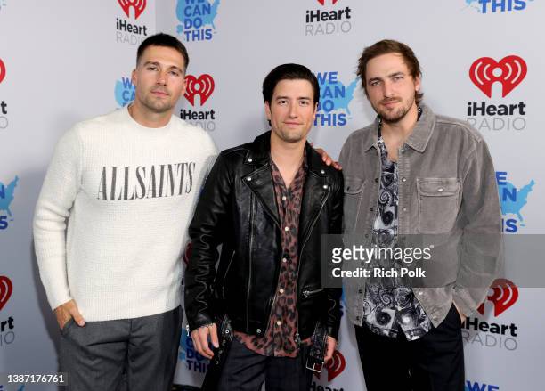 James Maslow, Logan Henderson and Kendall Schmidt of Big Time Rush attend the 2022 iHeartRadio Music Awards at The Shrine Auditorium in Los Angeles,...