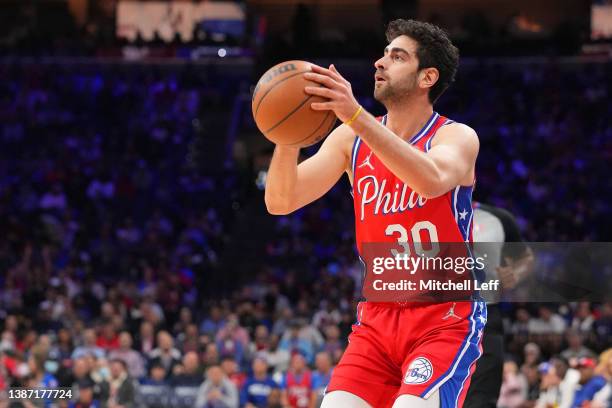 Furkan Korkmaz of the Philadelphia 76ers shoots the ball against the Miami Heat at the Wells Fargo Center on March 21, 2022 in Philadelphia,...