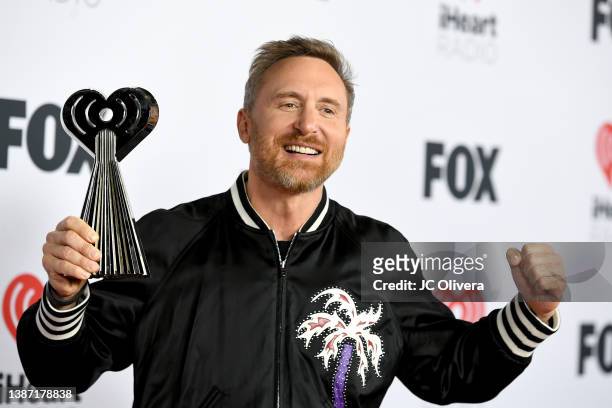 David Guetta, winner of Dance Artist of the Year, poses in the press room at the 2022 iHeartRadio Music Awards at The Shrine Auditorium in Los...