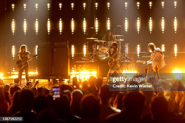 Victoria De Angelis, Ethan Torchio, Damiano David, and Thomas Raggi of Måneskin perform onstage at the 2022 iHeartRadio Music Awards at The Shrine...