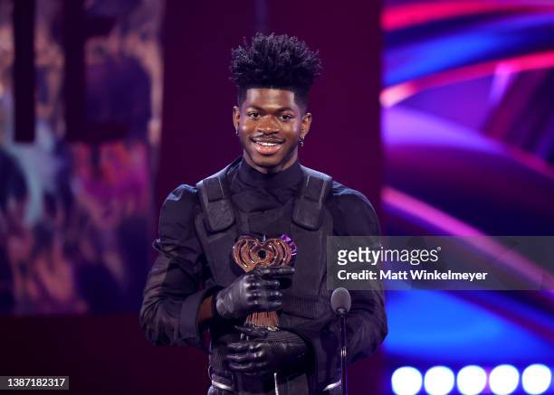 Lil Nas X accepts Male Artist of the Year onstage at the 2022 iHeartRadio Music Awards at The Shrine Auditorium in Los Angeles, California on March...
