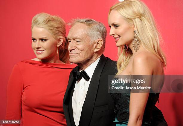 Kristina Shannon, Hugh Hefner, and Karissa Shannon arrive at the 2012 MusiCares Person of the Year Tribute To Paul McCartney held at the Los Angeles...