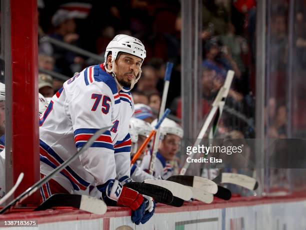 Ryan Reaves of the New York Rangers reacts on the bench late during the third period against the New Jersey Devils at Prudential Center on March 22,...