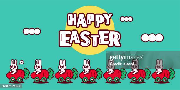 frohe ostern handschrift texten und hasen fahren karottenautos - adorable bunnies stock-grafiken, -clipart, -cartoons und -symbole