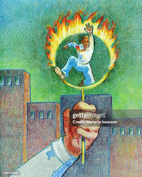 a businessman jumping through a ring of fire - burning ring of fire stock illustrations