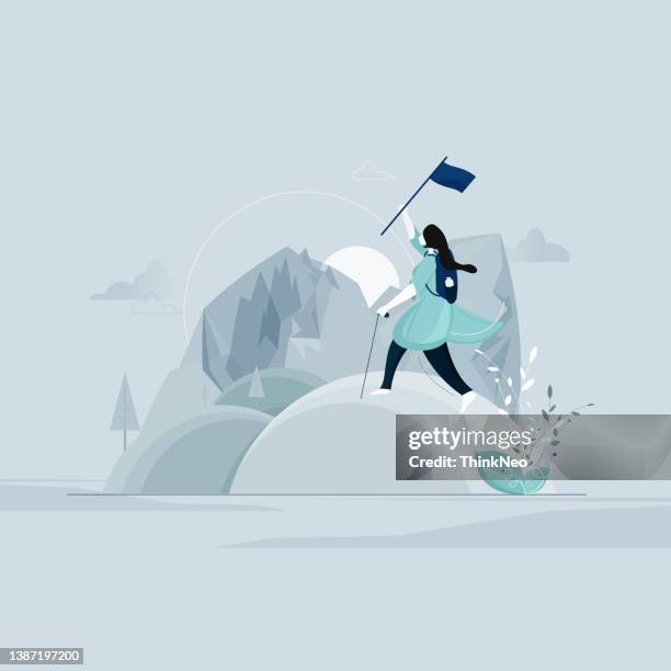 tourist hiking in the mountains, man trekking concept - new adventure stock illustrations