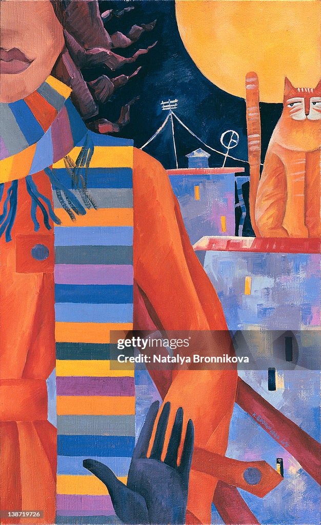 A hand being held out infront of a woman wearing a scarf