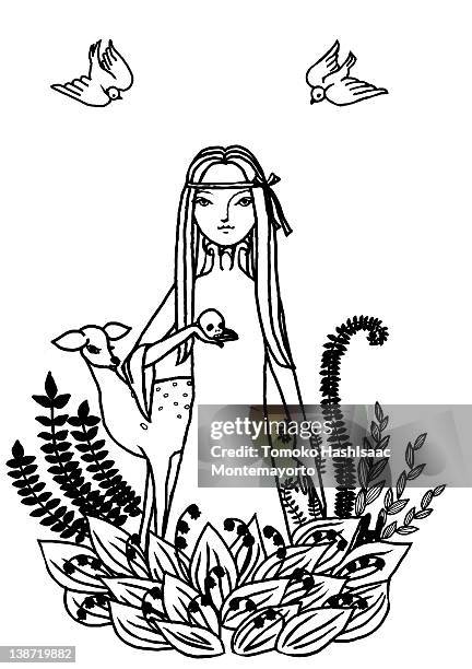 a woman standing in flowers near a doe and holding a small skull - deer skull stock illustrations