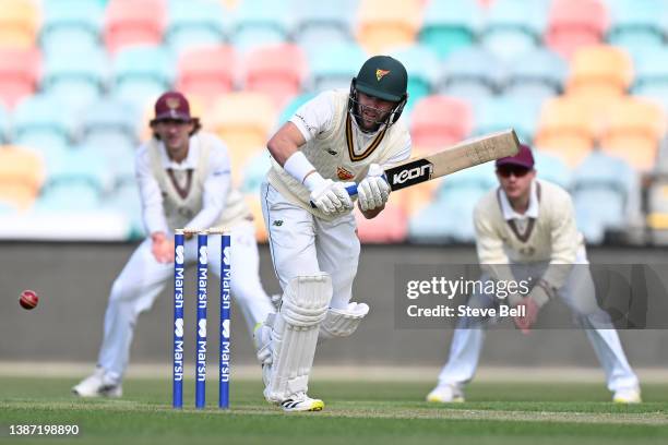Caleb Jewell of the Tigers bats during day one of the Sheffield Shield match between Tasmanian Tigers and Queensland Bulls at Blundstone Arena, on...