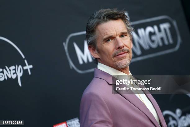 Ethan Hawke attends the premiere of Marvel Studios' "Moon Knight" at El Capitan Theatre on March 22, 2022 in Los Angeles, California.