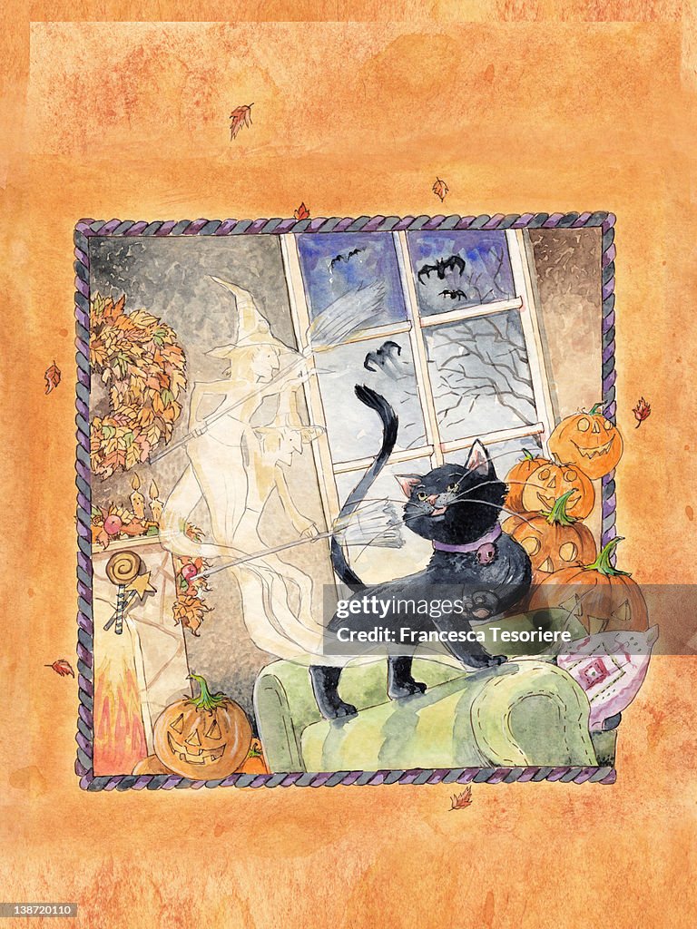 A Halloween scene with a black cat, witches and pumpkins