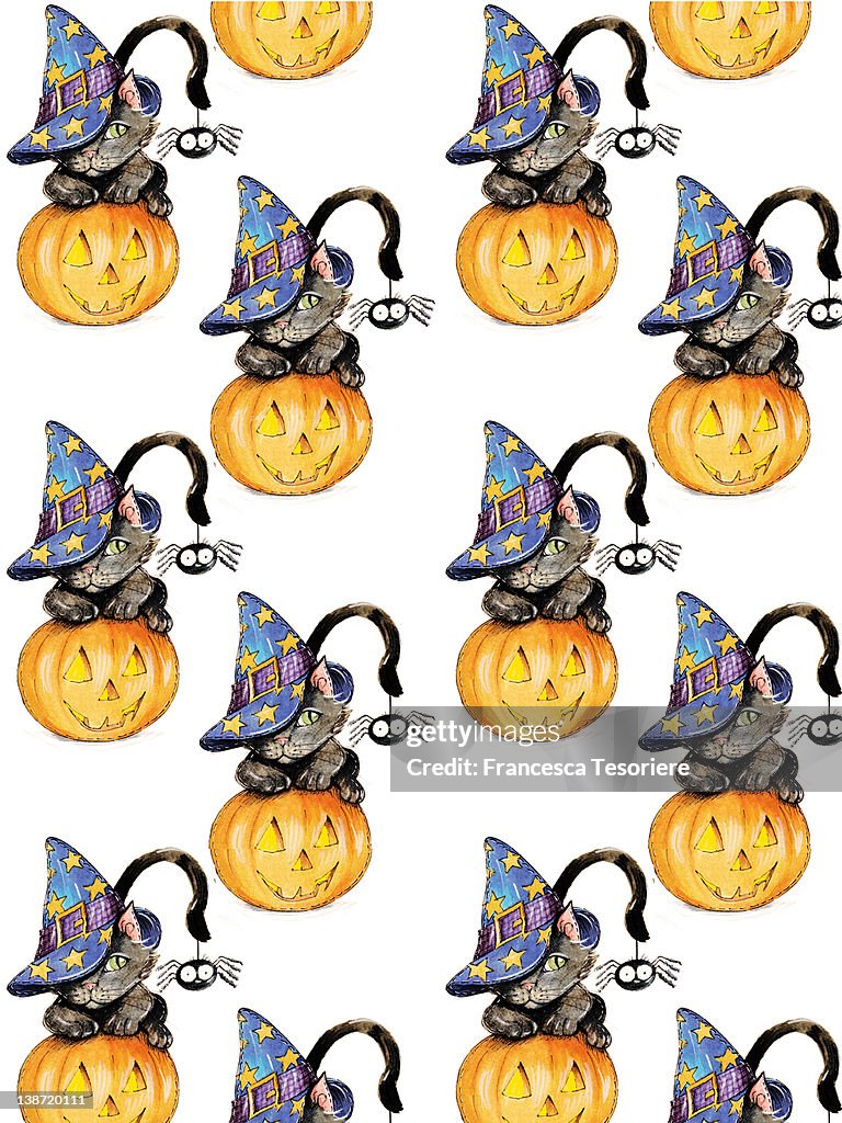 A pattern of a cat in a pumpkin