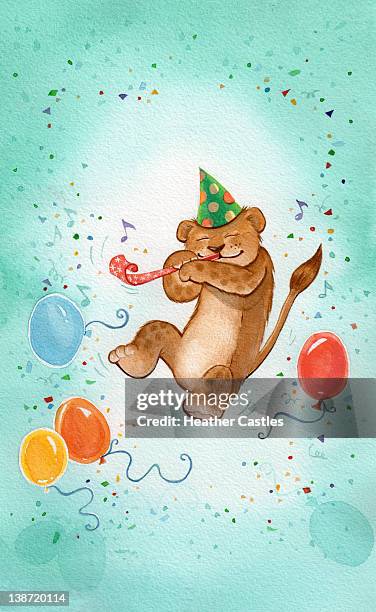 a lion cub wearing a birthday hat and blowing a birthday noisemaker - lion cub stock illustrations