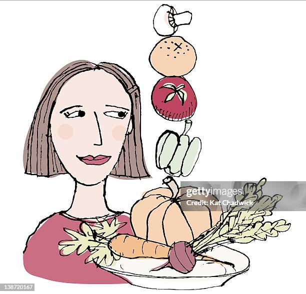 ilustraciones, imágenes clip art, dibujos animados e iconos de stock de a woman looking at a stack of vegetables - mujer joven cocinando