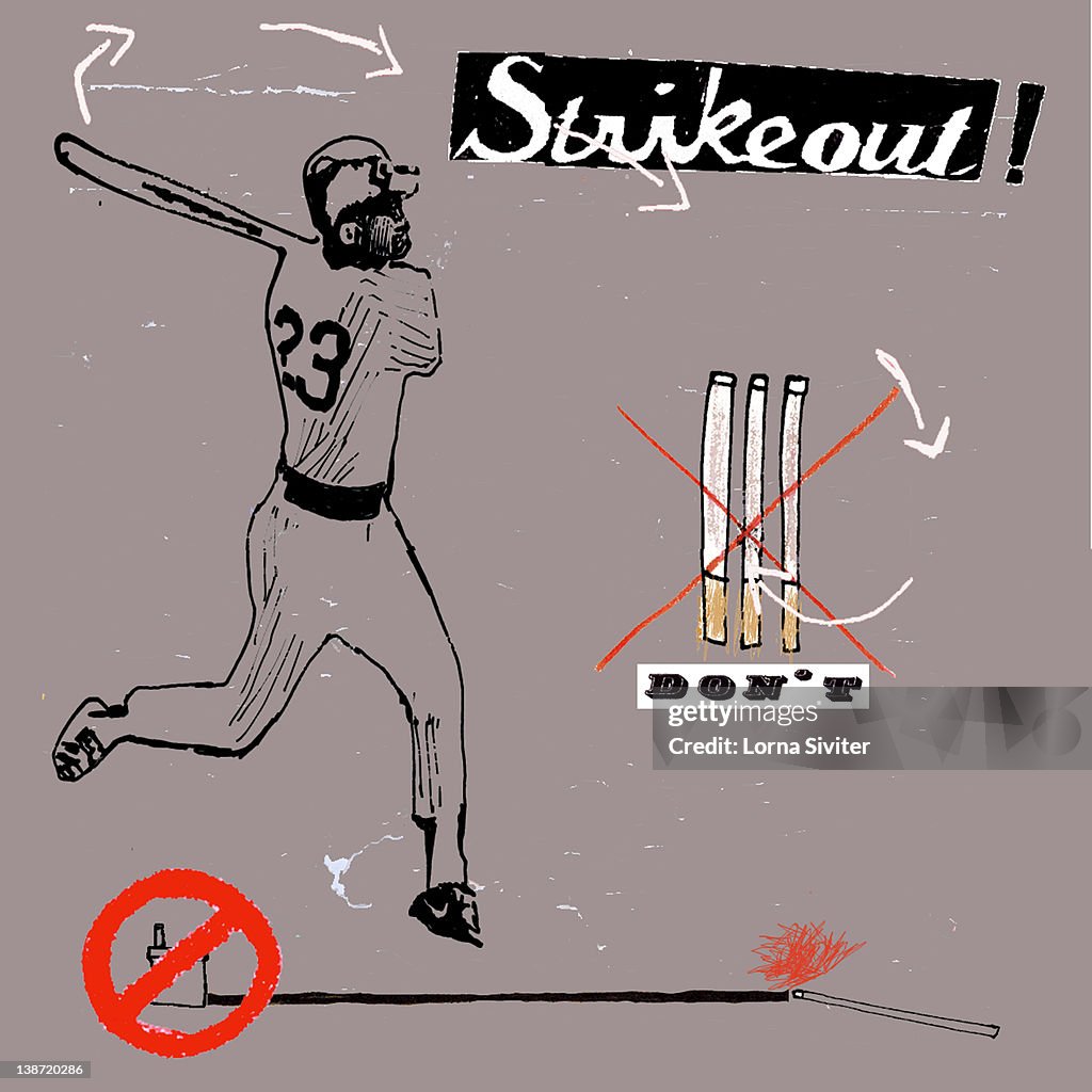 A baseball player swinging a bat at cigarettes
