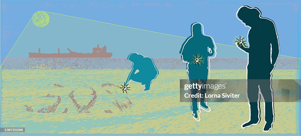 People using a shell to dig S.O.S. in the sand