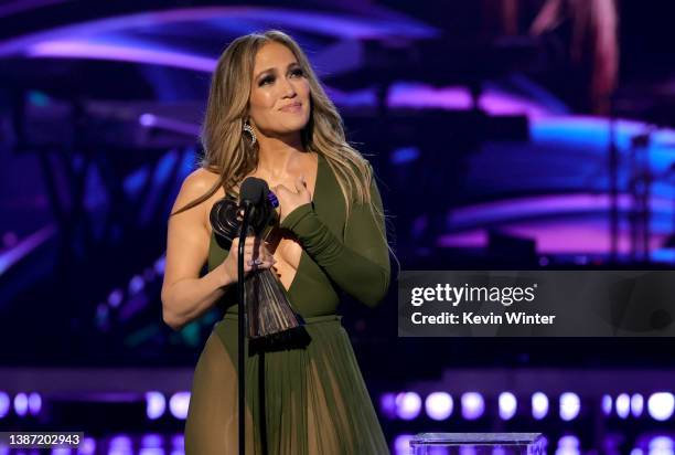 Honoree Jennifer Lopez accepts the Icon Award onstage at the 2022 iHeartRadio Music Awards at The Shrine Auditorium in Los Angeles, California on...