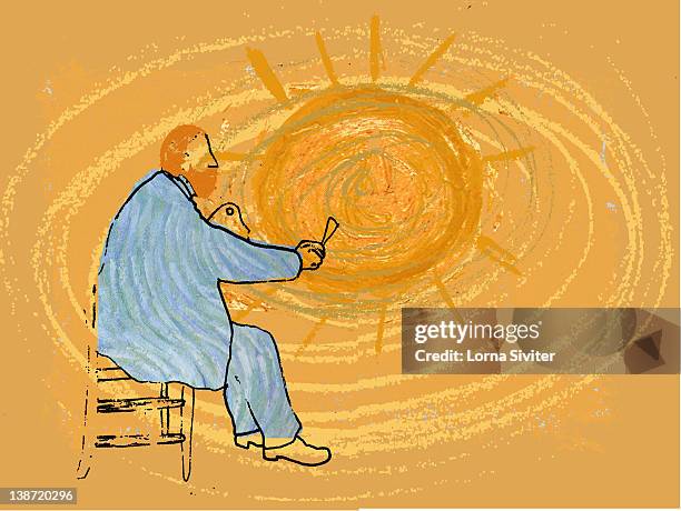 an artist painting the sun - van gogh sky stock illustrations