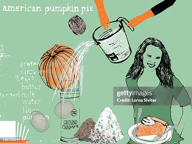 ilustrações, clipart, desenhos animados e ícones de a woman standing with pumpkin pie with a recipe and ingredients in the background - caneca de medidas