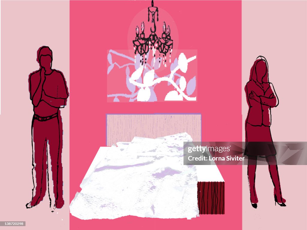 A couple standing on opposite sides of their bed