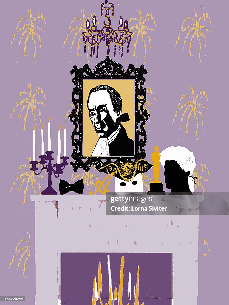 A fireplace with a portrait of a man above it